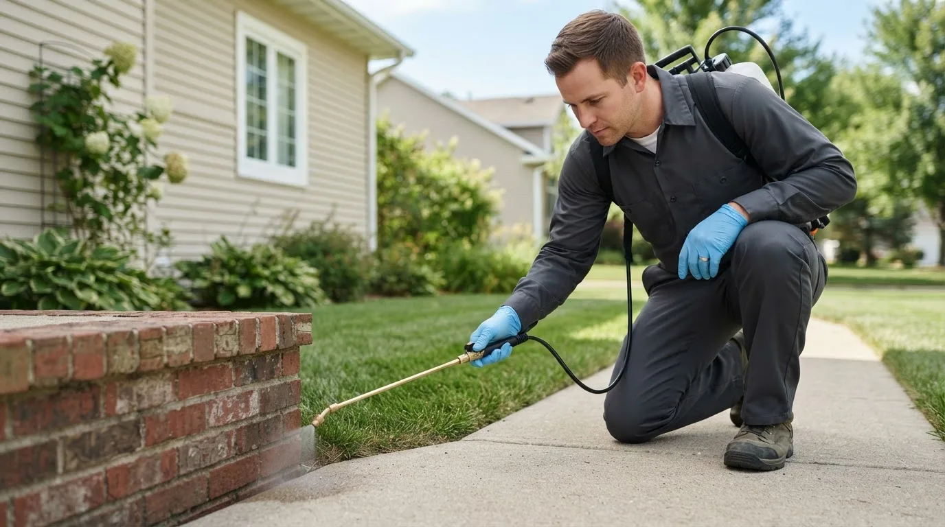 Pest control technician treating a home near San Felipe, TX