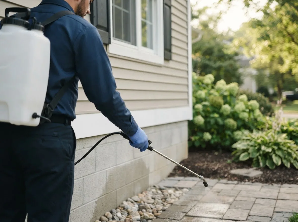 Pest control technician inspecting a home in San Felipe, TX